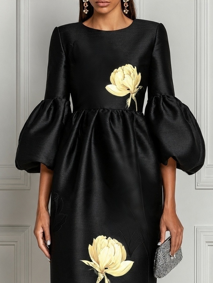 Black Satin Bubble Sleeve Mini Dress Round Neck Yellow Floral Print High Waist Formal Party Dress